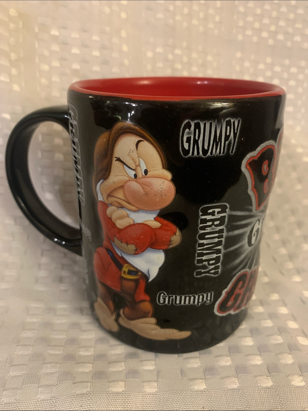 Grumpy Character Black and Red Ceramic Mug , 3D  embossed. Disney-Inspired.